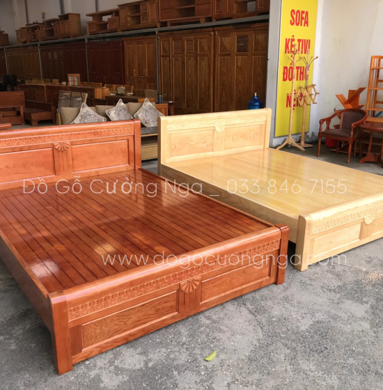Giường gỗ sồi nga vạt phản mẫu quạt - màu cánh gián