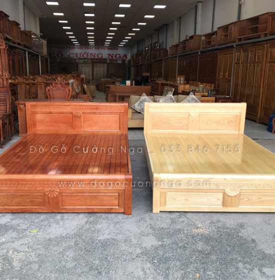 Giường gỗ sồi nga vạt phản mẫu quạt - màu cánh gián