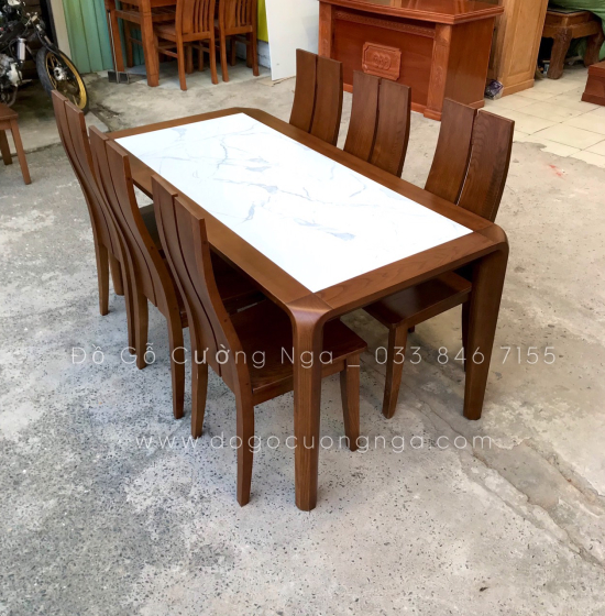 Bàn Ăn Gỗ Sồi Nga Mặt Đá 6 Ghế Lau Màu Óc Chó BG 11-6