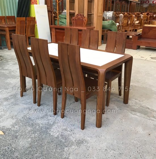 Bàn Ăn Gỗ Sồi Nga Mặt Đá 6 Ghế Lau Màu Óc Chó BG 11-6