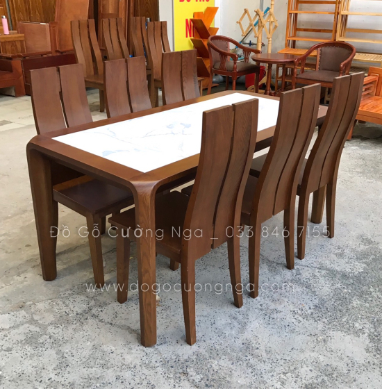 Bàn Ăn Gỗ Sồi Nga Mặt Đá 6 Ghế Lau Màu Óc Chó BG 11-6