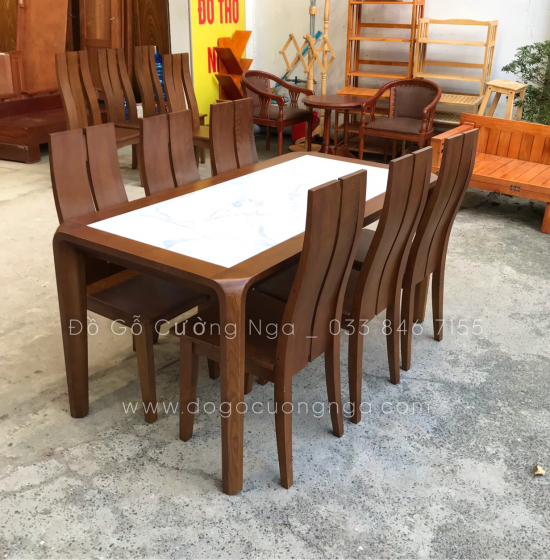 Bàn Ăn Gỗ Sồi Nga Mặt Đá 6 Ghế Lau Màu Óc Chó BG 11-6