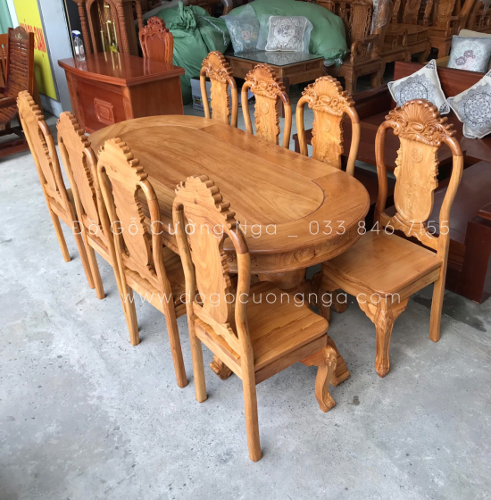 Bộ Bàn Ăn Gỗ Gõ Đỏ Cao Cấp 8 Ghế Mẫu Ovan Đẹp Đẳng Cấp 