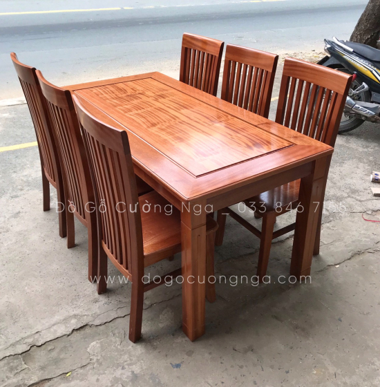 Bộ bàn ăn gỗ Xoan Đào 6 ghế mặt liền - ghế lan dọc 