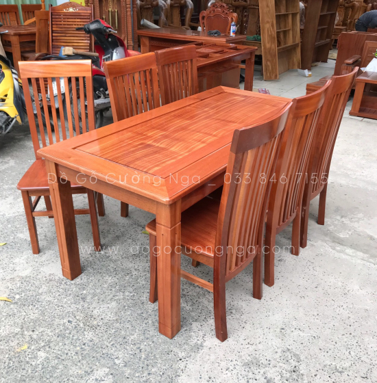 Bộ bàn ăn gỗ Xoan Đào 6 ghế mặt liền - ghế lan dọc 