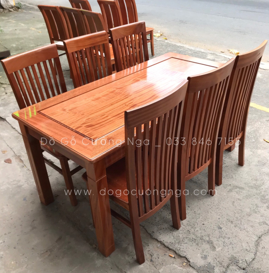 Bộ bàn ăn gỗ Xoan Đào 6 ghế mặt liền - ghế lan dọc 