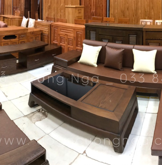 Bộ Bàn Ghế Sofa Góc L Gỗ Sồi Nga Màu Óc Chó Kèm Nệm - Vế Phải