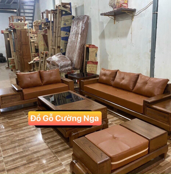 Bộ Bàn Ghế Sofa 2 Văng Gỗ Sồi Nga Kèm Nệm - Mẫu Đùi Gà 