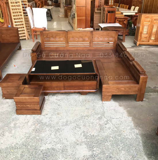 Bộ Bàn Ghế Sofa Góc L Gỗ Sồi Nga 2mx1m8 - Màu Óc Chó 