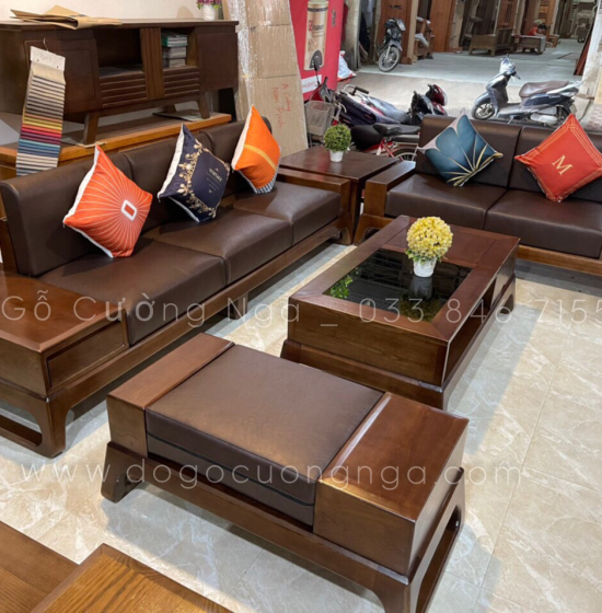 Bộ bàn ghế sofa 2 văng chân hươu gỗ sồi nga - màu óc chó 