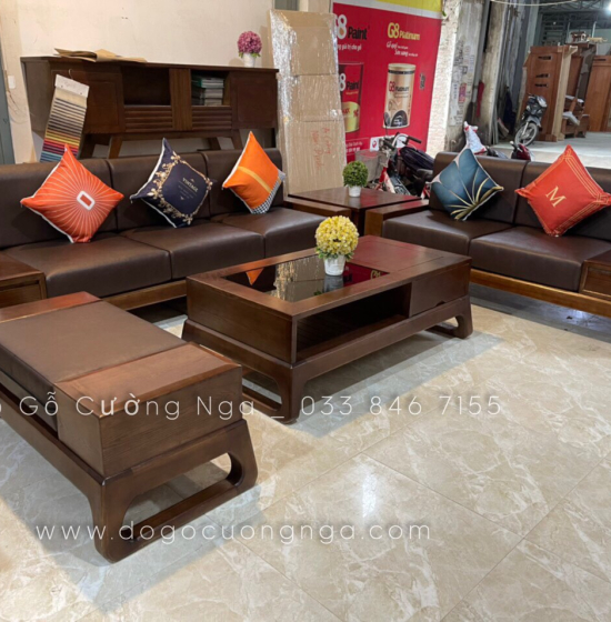 Bộ bàn ghế sofa 2 văng chân hươu gỗ sồi nga - màu óc chó 