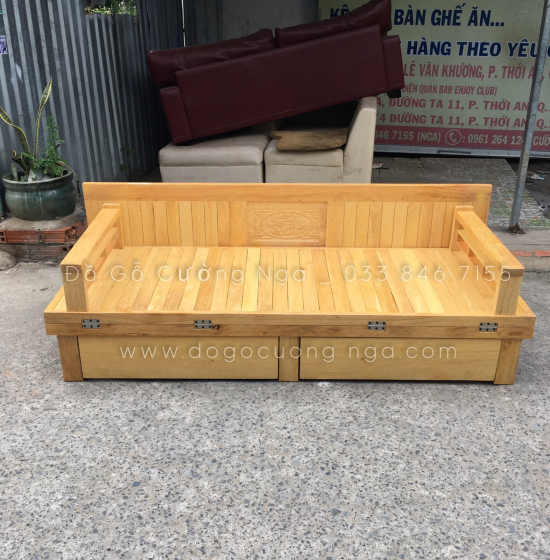 Giường Gấp Gỗ Sồi 2 Ngăn Kéo 1m4x1m9 Màu Tự Nhiên Giá Rẻ 