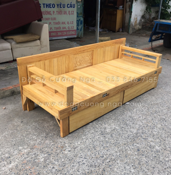 Giường Gấp Gỗ Sồi 2 Ngăn Kéo 1m4x1m9 Màu Tự Nhiên Giá Rẻ 