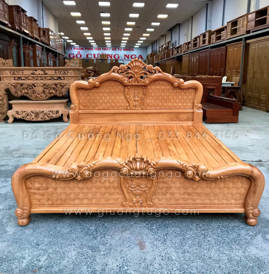 Giường gỗ gõ đỏ cao cấp vạt phản thưa - mẫu hoa hồng 