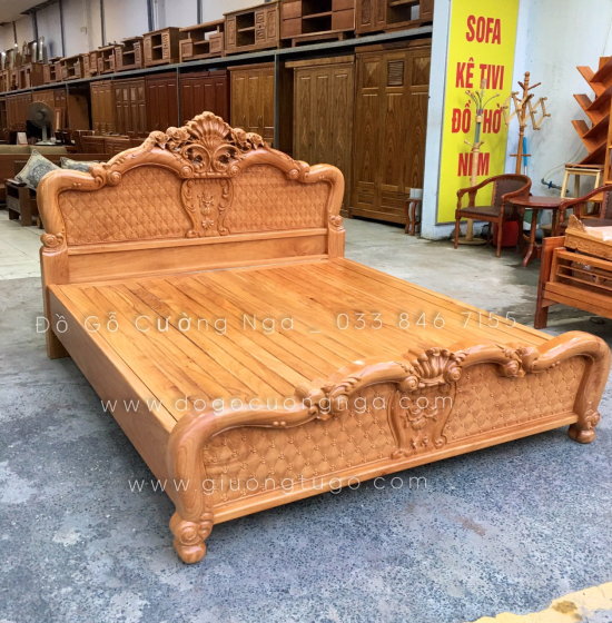 Giường gỗ gõ đỏ cao cấp vạt phản thưa - mẫu hoa hồng 