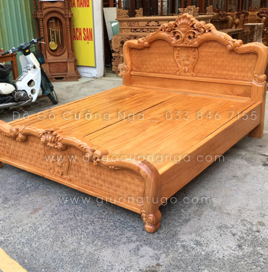 Giường gỗ gõ đỏ cao cấp vạt phản thưa - mẫu hoa hồng 