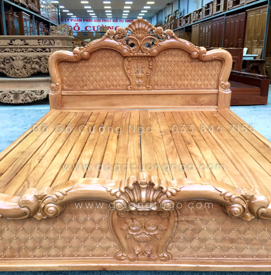 Giường gỗ gõ đỏ cao cấp vạt phản thưa - mẫu hoa hồng 