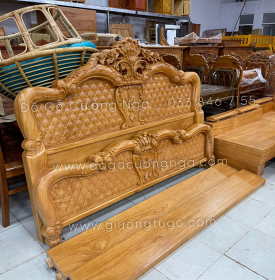 Giường gỗ gõ đỏ cao cấp vạt phản thưa - mẫu hoa hồng 