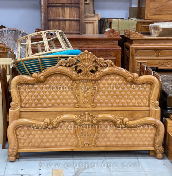 Giường gõ gõ đỏ cao cấp mẫu hoa hồng - phản liền 