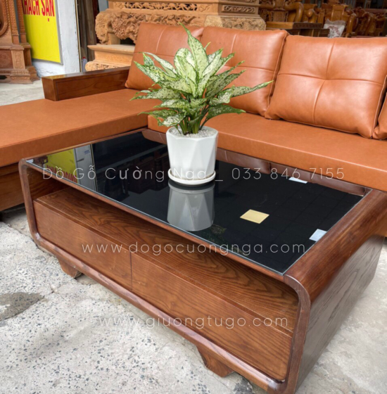 Bộ Bàn Ghế Sofa Gỗ Sồi Nga Lau Màu Óc Chó - Chân Cuốn Vế Trái 