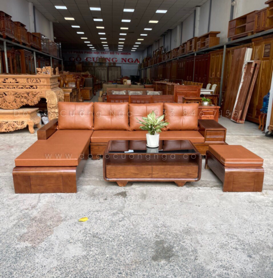 Bộ Bàn Ghế Sofa Gỗ Sồi Nga Lau Màu Óc Chó - Chân Cuốn Vế Trái 