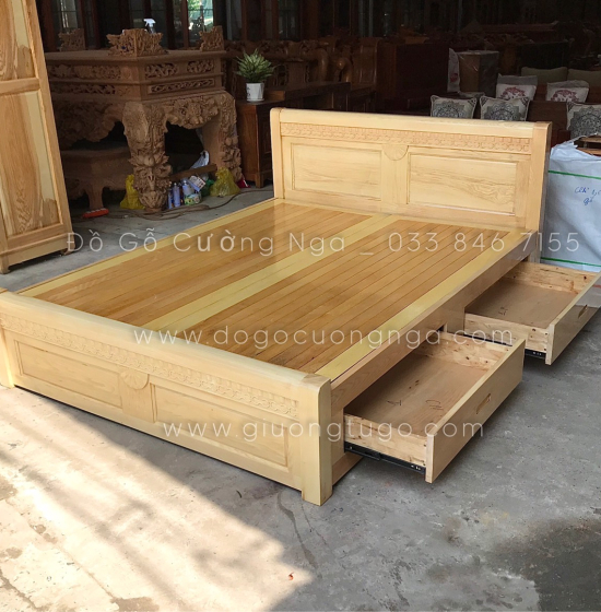 Giường gỗ sồi 2 ngăn kéo hiên đại mẫu quạt 