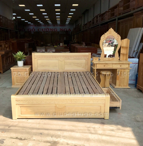 Giường ô kéo gỗ sồi nga vạt phản - mẫu quạt 