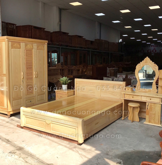 Giường gỗ sồi 2 ngăn kéo hiên đại mẫu quạt 