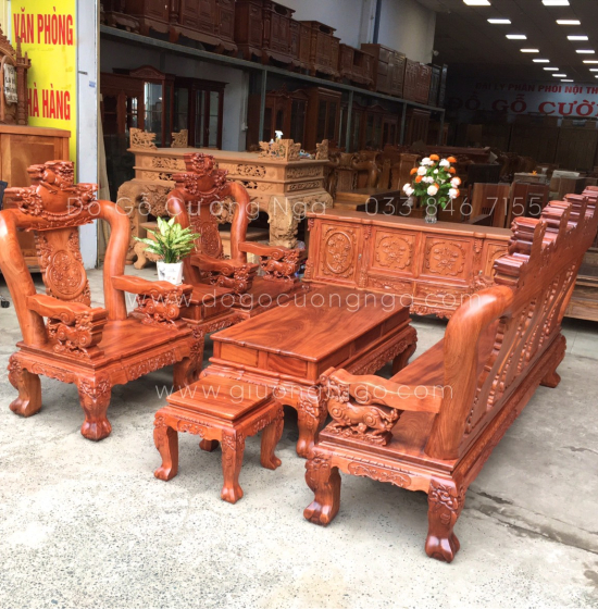 Bộ salon gỗ hương đá tay 12 chạm nghê hạt cao cấp 