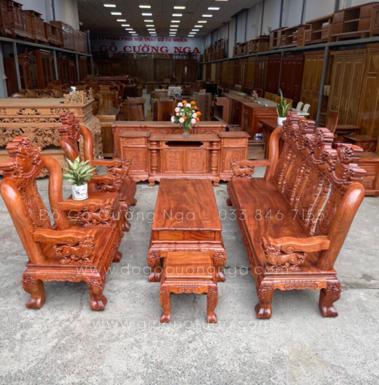 Bộ salon gỗ hương đá tay 12 chạm nghê hạt cao cấp 