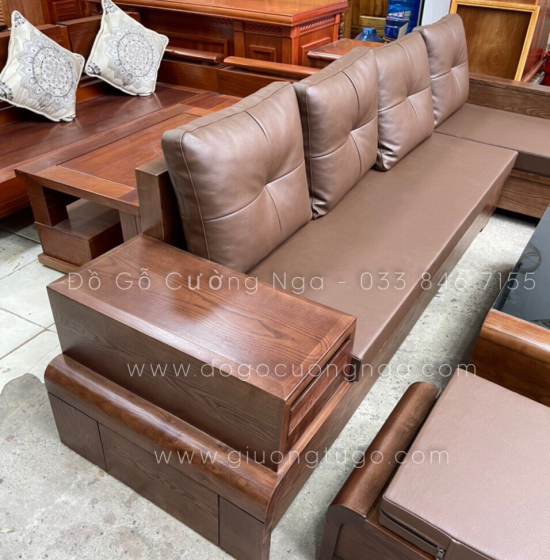Bộ Ghế Sofa Gỗ Sồi Nga Lau Màu Óc Chó Kèm Nệm Chân Cuốn - Vế Phải 