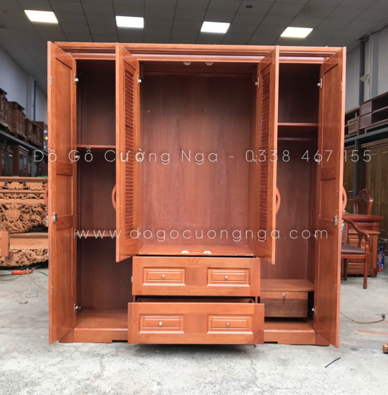 Tủ quần áo gỗ xoan đào 4 cánh hiện đại - hoa thị lá sách 