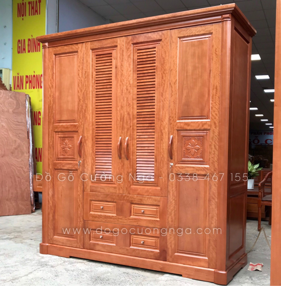 Tủ quần áo gỗ xoan đào 4 cánh hiện đại - hoa thị lá sách 