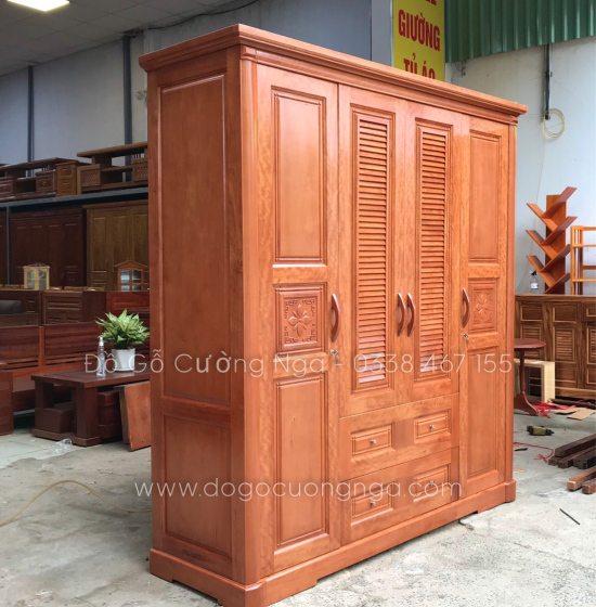 Tủ quần áo gỗ xoan đào 4 cánh hiện đại - hoa thị lá sách 