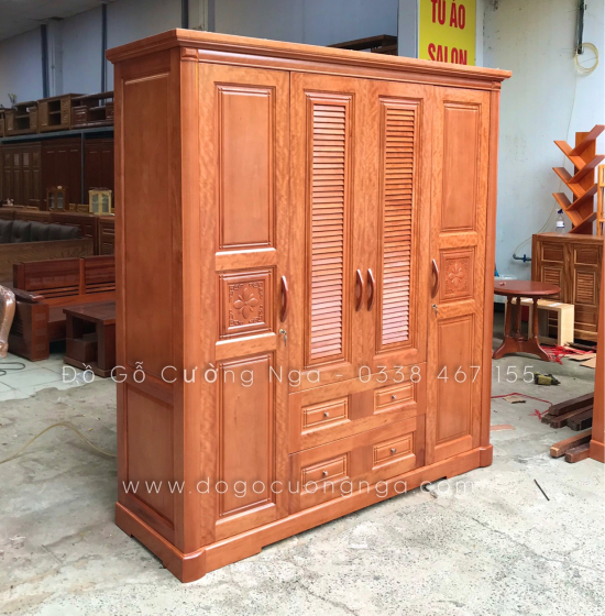 Tủ quần áo gỗ xoan đào 4 cánh hiện đại - hoa thị lá sách 