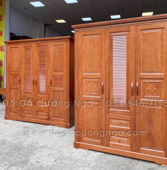 Tủ quần áo gỗ xoan đào 4 cánh hiện đại - hoa thị lá sách 