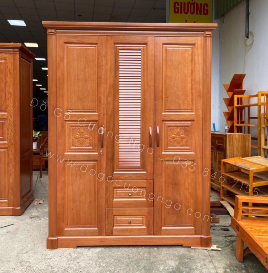 Tủ quần áo gỗ xoan đào 3 cánh mẫu hoa thị lá sách 