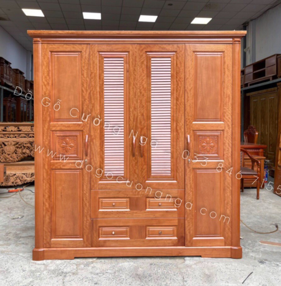 Tủ quần áo gỗ xoan đào 4 cánh hiện đại - hoa thị lá sách 