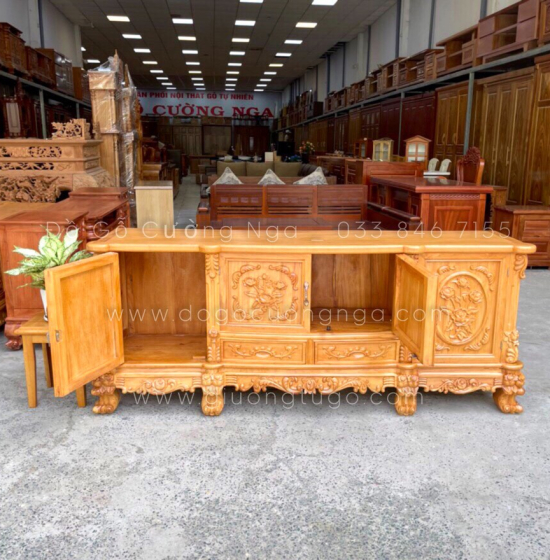 Kệ tivi gỗ Gõ Đỏ mẫu hoa hồng cao cấp KG 07