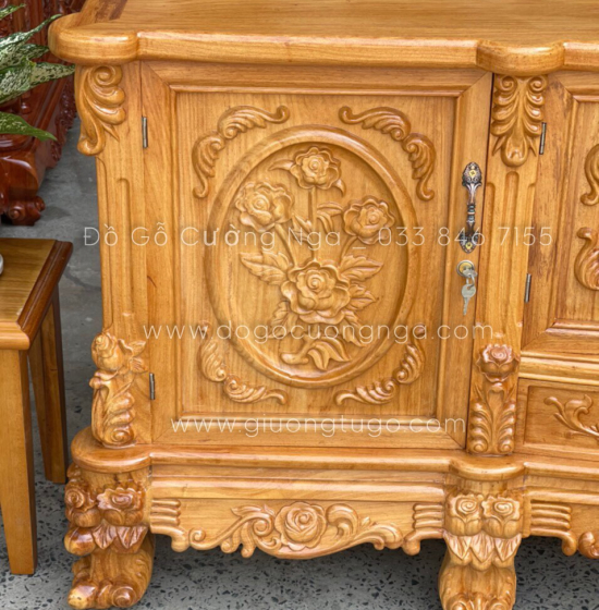 Kệ tivi gỗ Gõ Đỏ mẫu hoa hồng cao cấp KG 07