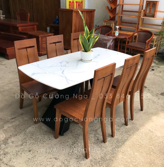 Bộ bàn ăn gỗ sồi nga 6 ghế - mặt đá cao cấp - hiện đại 
