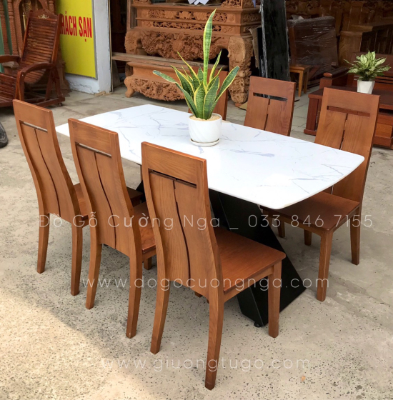Bộ bàn ăn gỗ sồi nga 6 ghế - mặt đá cao cấp - hiện đại 