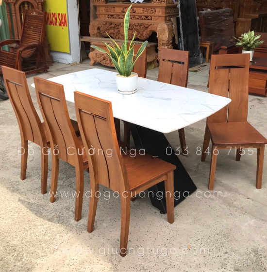 Bộ bàn ăn gỗ sồi nga 6 ghế - mặt đá cao cấp - hiện đại 