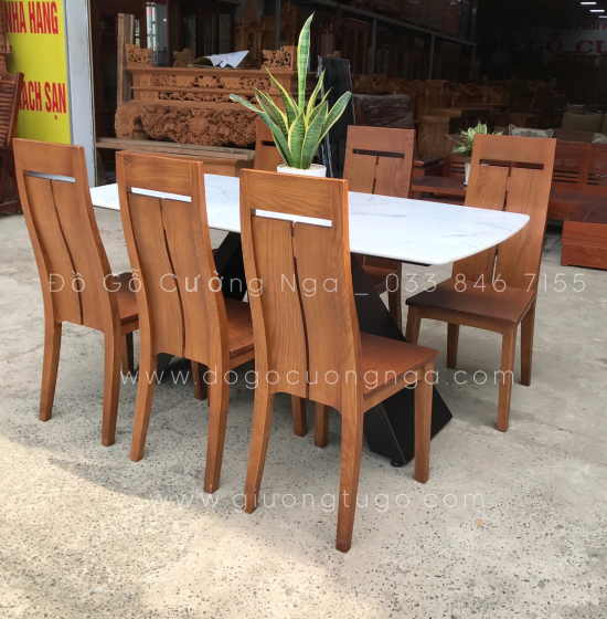 Bộ bàn ăn gỗ sồi nga 6 ghế - mặt đá cao cấp - hiện đại 