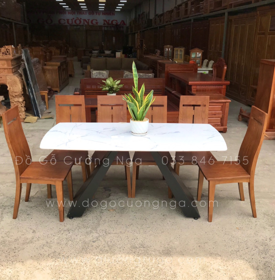 Bộ bàn ăn gỗ sồi nga 6 ghế - mặt đá cao cấp - hiện đại 