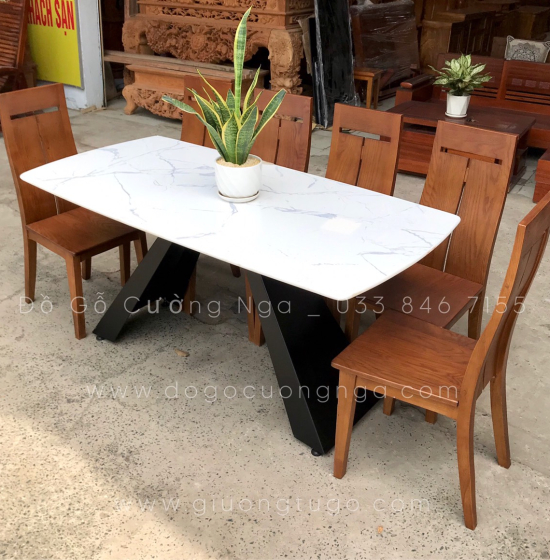 Bộ bàn ăn gỗ sồi nga 6 ghế - mặt đá cao cấp - hiện đại 