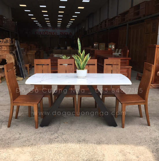 Bộ bàn ăn gỗ sồi nga 6 ghế - mặt đá cao cấp - hiện đại 