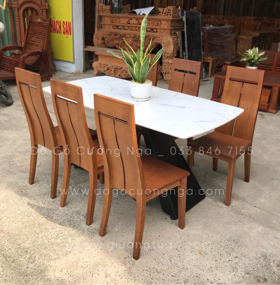 Bộ bàn ăn gỗ sồi nga 6 ghế - mặt đá cao cấp - hiện đại 