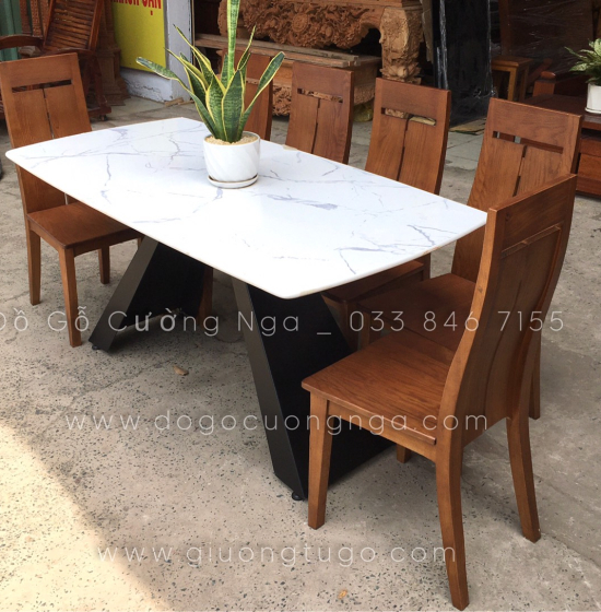Bộ bàn ăn gỗ sồi nga 6 ghế - mặt đá cao cấp - hiện đại 