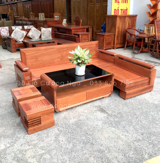 Bàn Ghế Sofa Góc L Gỗ Xoan Đào 2m1x1m6 Bàn Bom Hiện Đại 